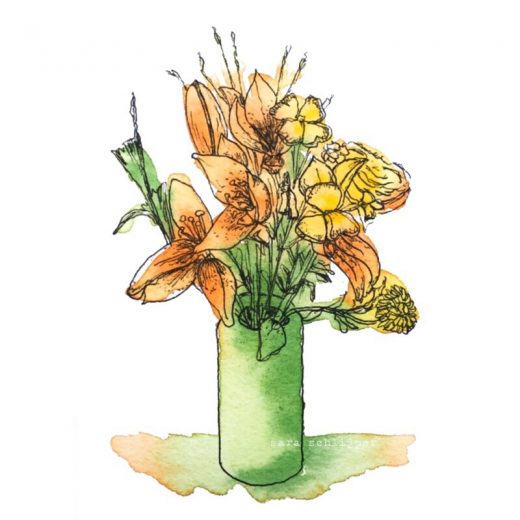 Tekening bloemen groen-oranje-geel