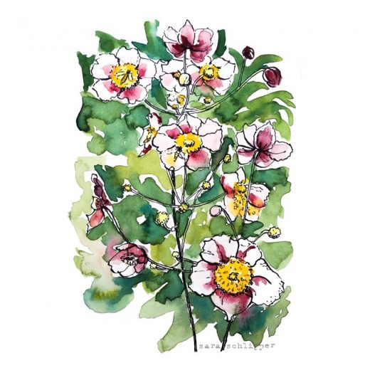 Tekening bloemen roze-wit-geel