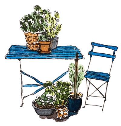Illustratie: tekening van een Fiep Westerdorp-achtig tafeltje en stoelje met potten kruiden erop en ervoor. Zelf een illustratie nodig? Zoek je iemand die een tekening voor je kan maken? Neem contact op!