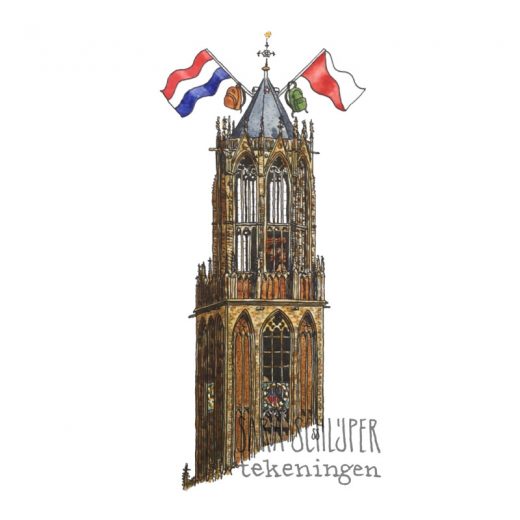 Tekening Domtoren-met-vlaggen-en-rugzakken - Utrecht