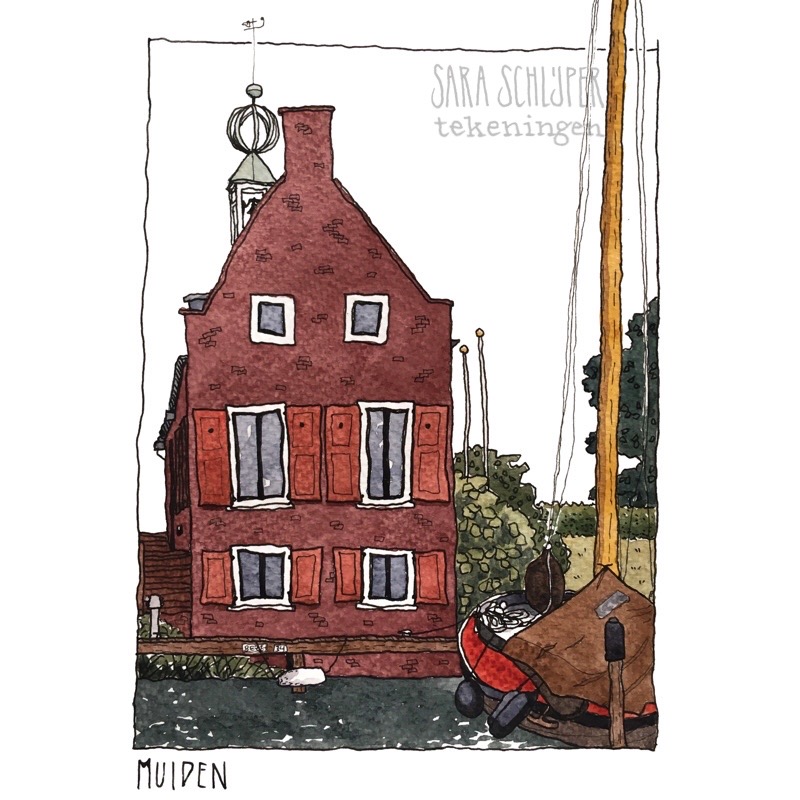 tekening pand herengracht bij jachthaven stichting muiden