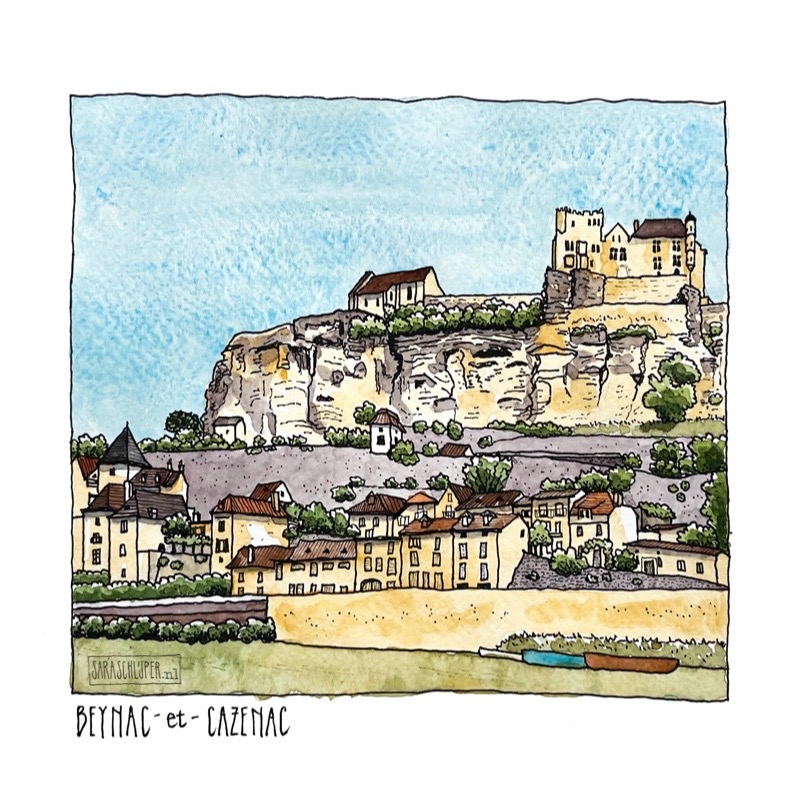 Tekening Beynac-et-Cazenac vanaf de Dordogne
