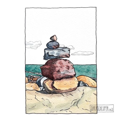tekening stapeltje stenen aan zee