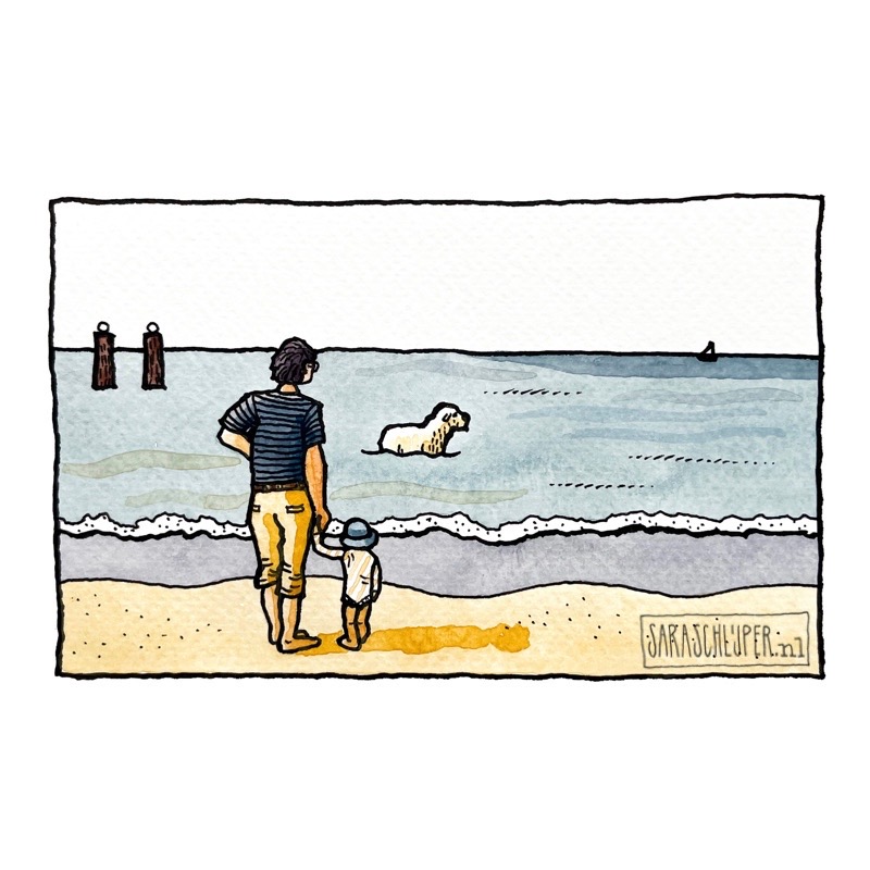 tekening strand, vrouw en kindje, hond in het water