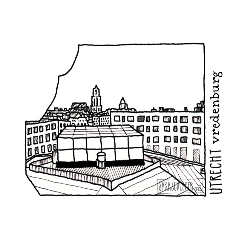 tekening uitzicht vanuit tivoli vredenburg - utrecht over tivoli zelf en de domtoren in de verte