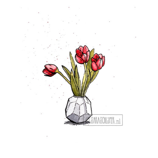 Tekening drie rode tulpen in een vaasje