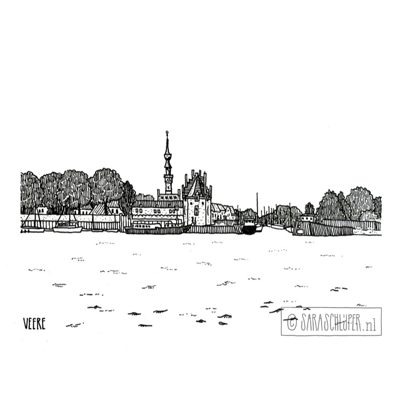 Tekening Veere vanaf het Veerse Meer